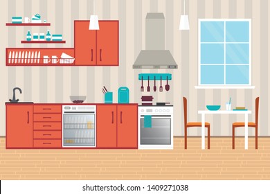Kitchen Interior , with furniture. Flat style vector illustration.