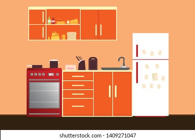 Kitchen Interior , with furniture. Flat style vector illustration.