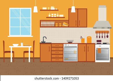 Kitchen Interior , with furniture. Flat style vector illustration.