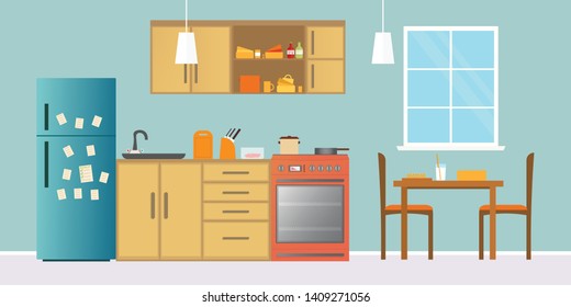 Kitchen Interior , with furniture. Flat style vector illustration.