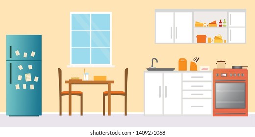 Kitchen Interior , with furniture. Flat style vector illustration.