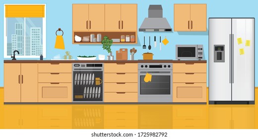 Kitchen Interior , with furniture. Flat style vector illustration.