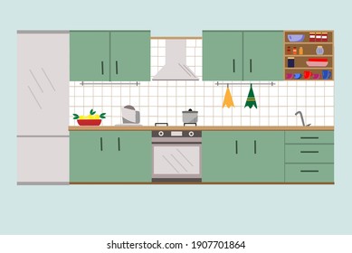 Kitchen interior with furniture, flat style vector illustration