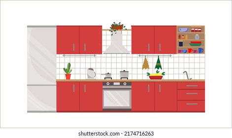 Kitchen interior with furniture, flat style vector illustration