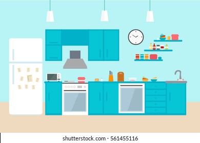 Kitchen Interior , with furniture. Flat style vector illustration.