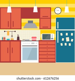 Kitchen Interior with furniture. Flat style vector illustration. EPS10