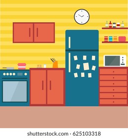 Kitchen Interior , with furniture. Flat style vector illustration.