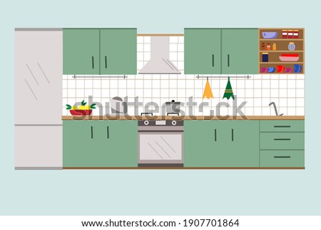 Kitchen interior with furniture, flat style vector illustration