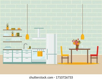 kitchen interior with furniture, flat vector illustration