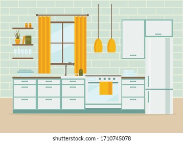 kitchen interior with furniture, flat vector illustration