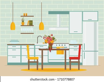 kitchen interior with furniture, flat vector illustration