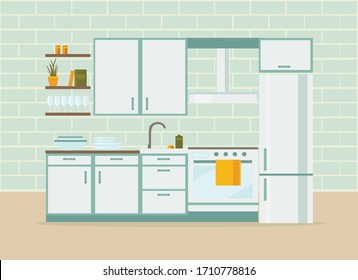 kitchen interior with furniture, flat vector illustration