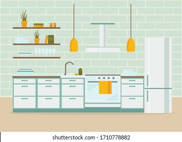 kitchen interior with furniture, flat vector illustration