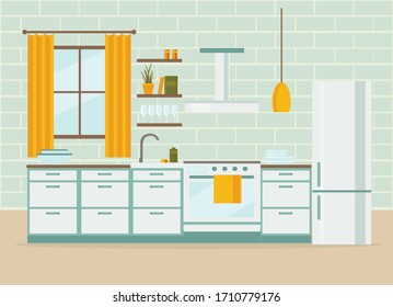 interiores de cocina con mobiliario, ilustración vectorial plana