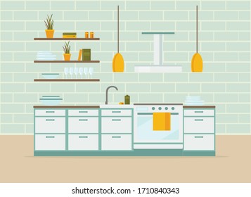 kitchen interior with furniture, flat vector illustration