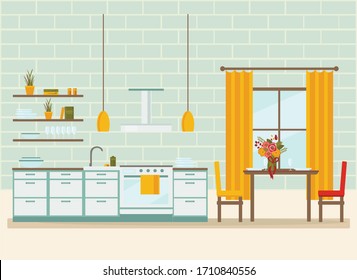 Kitchen Interior With Furniture, Flat Vector Illustration