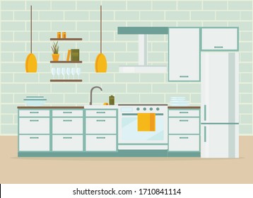 Kitchen Interior With Furniture, Flat Vector Illustration