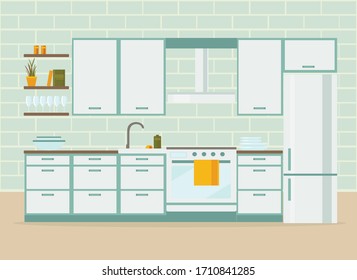 interiores de cocina con mobiliario, ilustración vectorial plana