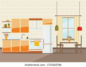 kitchen interior with furniture, flat vector illustration