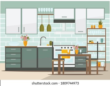 kitchen interior with furniture, flat vector illustration