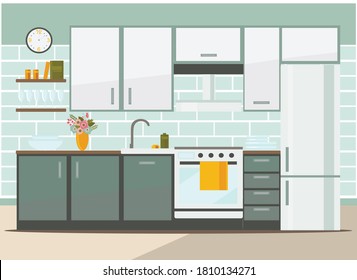 kitchen interior with furniture, flat vector illustration