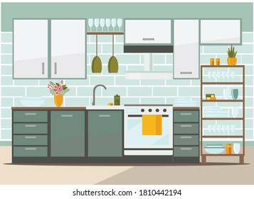 kitchen interior with furniture, flat vector illustration
