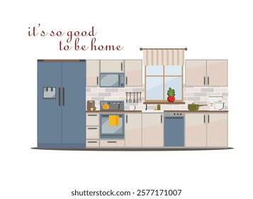 kitchen interior with furniture, flat vector illustration