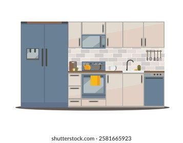 kitchen interior with furniture, flat vector illustration