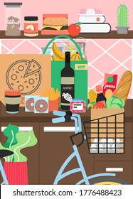 Kitchen interior with furniture and foodstuff for bike home food delivery theme poster, vector flat illustration. Kitchen room with wine pizza box, fast food on counter, delivery bike with grocery bag