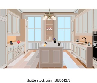 Kitchen, kitchen interior with furniture. Kitchen illustration
