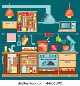 Kitchen interior. Kitchen with furniture. Kitchenware. Flat style vector illustration.