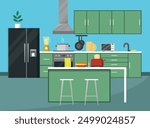 Kitchen interior with furniture and kitchenware. Vector illustration in flat design style.