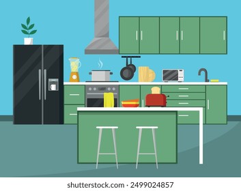 Kitchen interior with furniture and kitchenware. Vector illustration in flat design style.