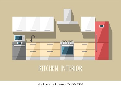 Kitchen interior. Kitchen furniture. Modern trendy design. Flat vector illustration.