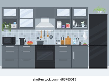 Kitchen interior with furniture, refrigerator and stove. Home room in flat style. Vector illustration