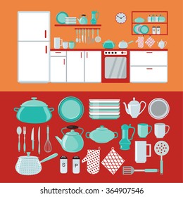 Kitchen Interior with Furniture and Set of Dishes and Cutlery. Vector illustration in flat style