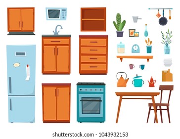 Kitchen interior with furniture and stove, cupboard, dishes, fridge and utensils on white background. Isolated table with chairs. Flat cartoon style vector illustration.