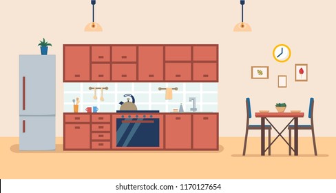 Kitchen interior with furniture and stove, cupboard, fridge, utensils and dinner table. Flat cartoon style vector illustration.