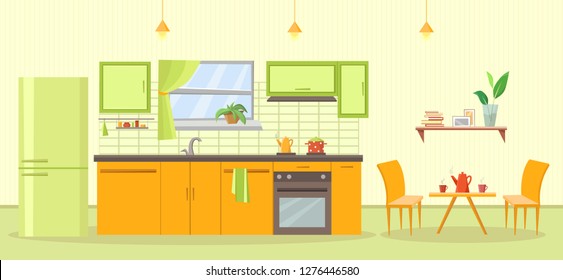  kitchen interior with furniture and stove, cupboard, dishes, fridge and utensils. Table with chairs. Flat cartoon style vector illustration