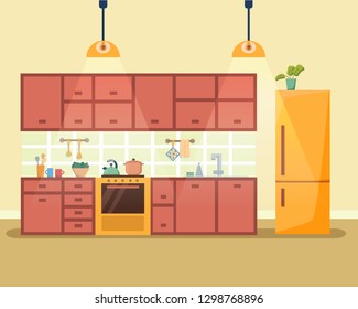 Kitchen interior with furniture, stove, cupboard, fridge and utensils. Flat cartoon style vector illustration.