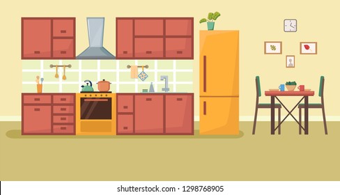 Kitchen interior with furniture and stove, cupboard, fridge, stove hood and utensils. Dinner table and chairs. Flat cartoon style vector illustration.