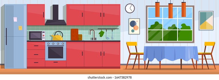 Kitchen. Interior with furniture, stove and cupboard. Fridge and table with chairs, kitchen appliances cooking culinary decor flat vector traditional design