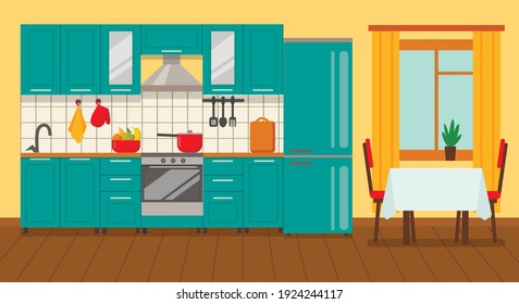 Kitchen interior with furniture and stove, cupboard, dishes, fridge and utensils. Table with chairs. Flat cartoon style vector illustration.