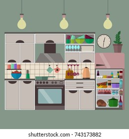 Kitchen interior with furniture: stove, cupboard, dishes, appliances and opened refrigerator with food. Flat design.