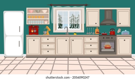 Kitchen interior with furniture, kitchen stove, kitchen utensils and household appliances. Vector illustration in flat cartoon style