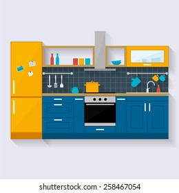 Kitchen interior. Kitchen furniture and utensils. Flat style vector illustration with long shadow.