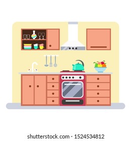 Kitchen interior with furniture and utensils. Vector flat illustration isolated on white background 