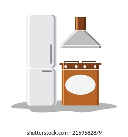 Kitchen interior with furniture vector illustration. Room with refrigerator, oven and range hood.
