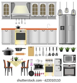 Kitchen interior and furniture,appliances flat set isolated vector illustration