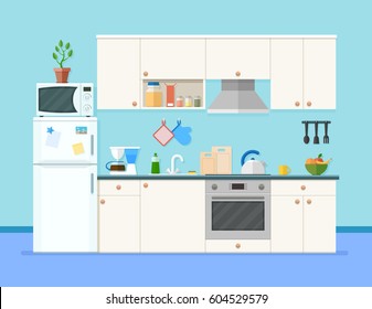 Cocina interior con muebles.Estantes con especias y frutas. Horno de microondas, frigorífico, cafetera y otros equipos, utensilios de cocina y accesorios para cocinar. Ilustración vectorial de estilo plano de caricatura 